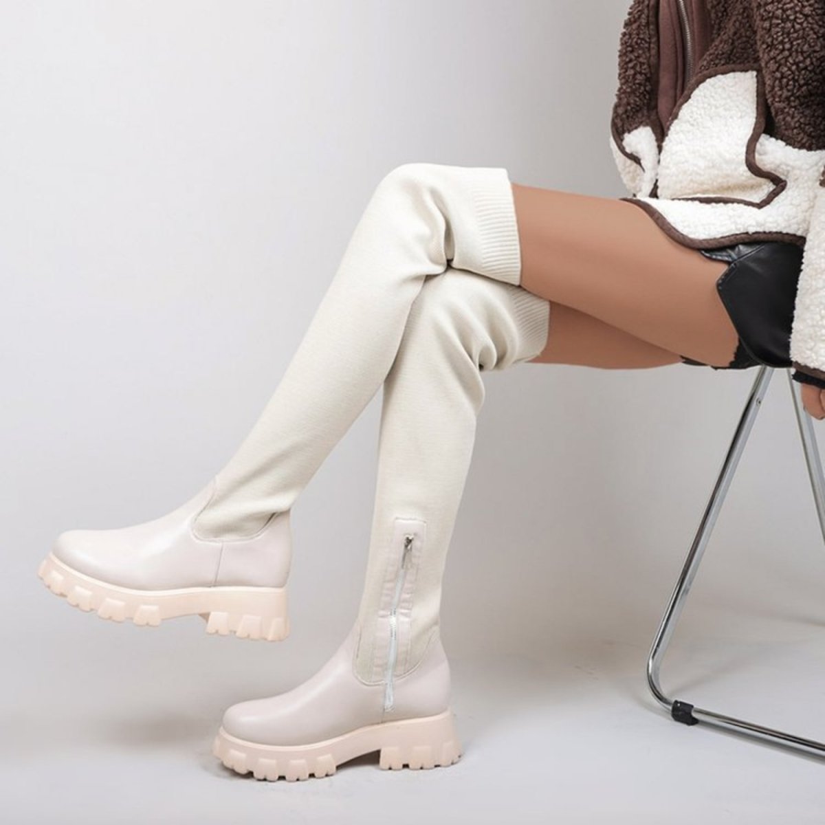 Bottes chaussette femme semelle compensée Automne printemps couleur beige