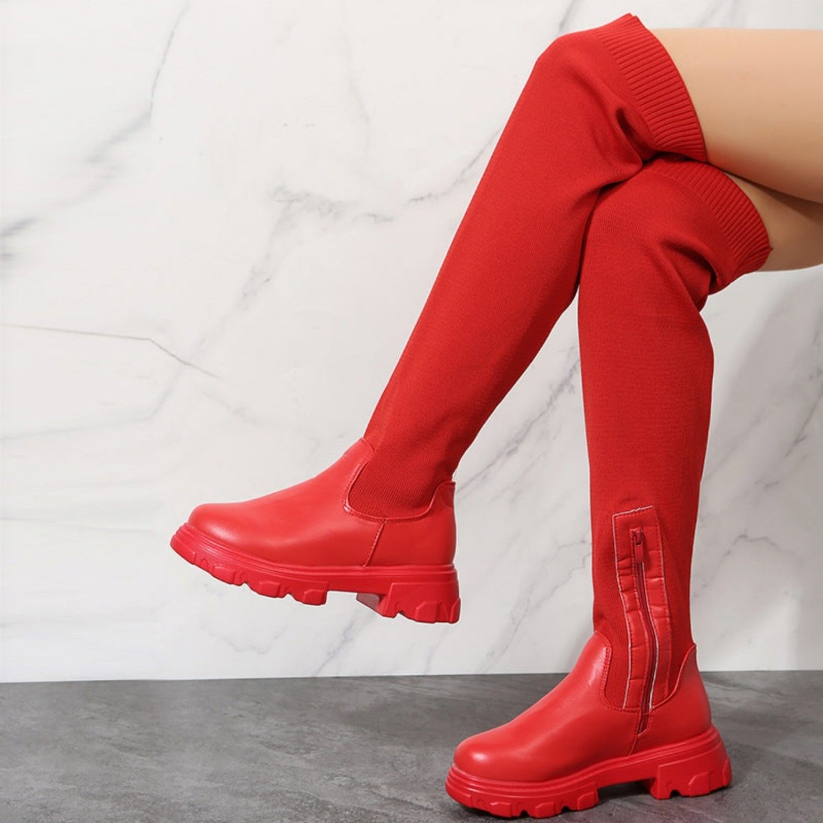 Bottes chaussette femme semelle compensée Automne printemps couleur rouge