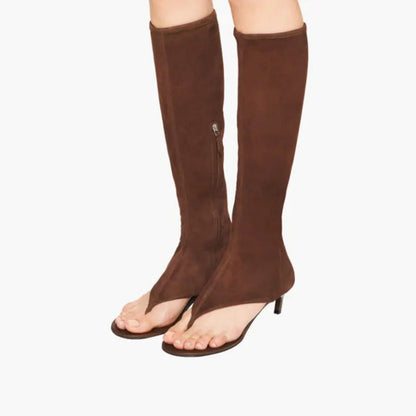 Bottes été femme coloris marron talons hauts — bout ouvert moderne, vue latérale