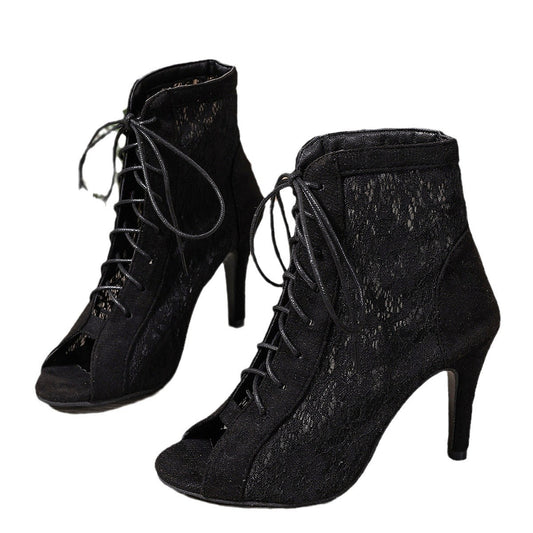 Bottes été femme talon haut bout ouvert noir — vue de face