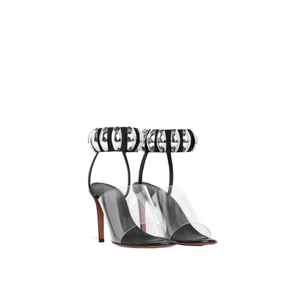 Sandales romaines noires à talons pour femme à bout ouvert et design moderne transparent