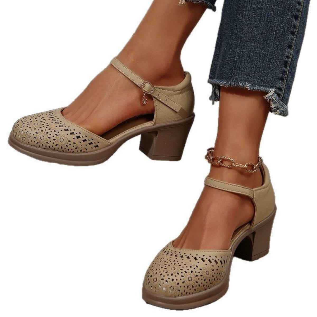 Sandales Rétro Femme à Talons Mi-Hauts — Bout Ouvert & Bouton Unique