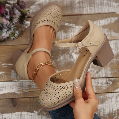 Sandales Rétro Femme à Talons Mi-Hauts — Bout Ouvert & Bouton Unique