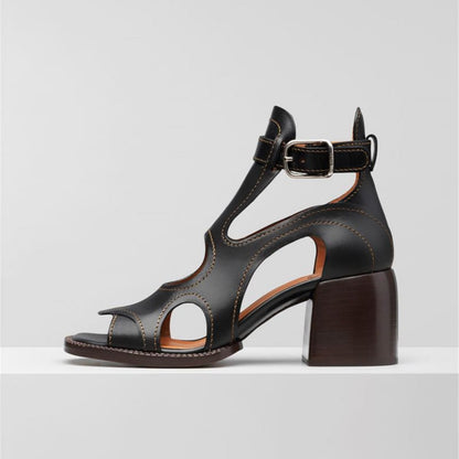 Sandales talons hauts cuir véritable femme – style vintage, coloris noir-vue de profil
