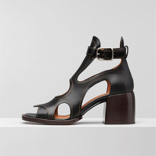 Sandales talons hauts cuir véritable femme – style vintage, coloris noir-vue de profil