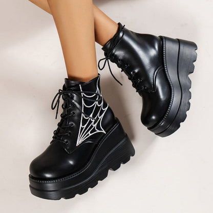 bottes-femme-lacets-compensees-toile-araignee-noires vue avant