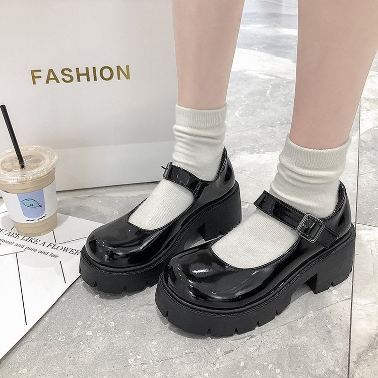 Chaussures fashion Mary Jane élégantes en cuir noir brillant style britannique