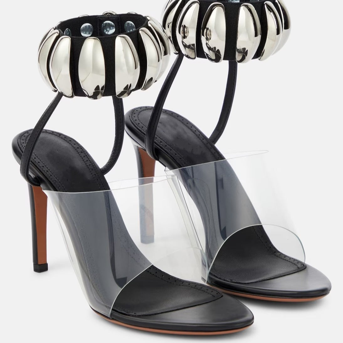Sandales romaines à talons hauts fins avec brides transparentes en PVC pour femme