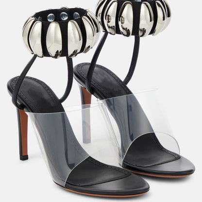 Sandales romaines à talons hauts fins avec brides transparentes en PVC pour femme
